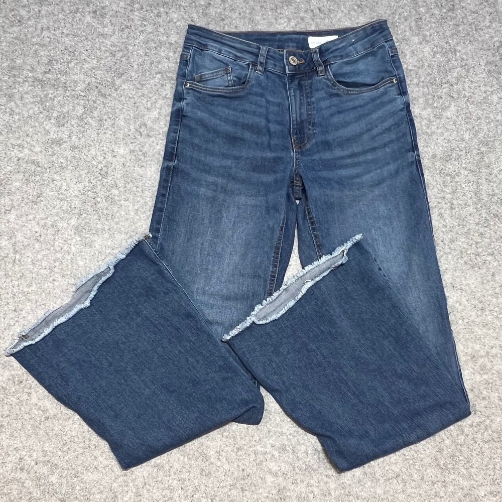 Lefties Blue High Rise Flare Jeans Raw Hem Size 26 Medium Wash Denim Pants